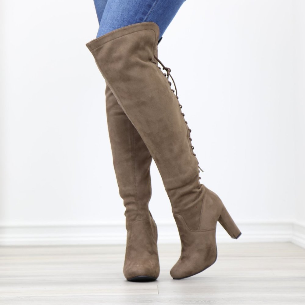 Taupe Suede Thigh High Over The Knee Block High Heel Boots With Lace Up Back - Picture 11 of 14